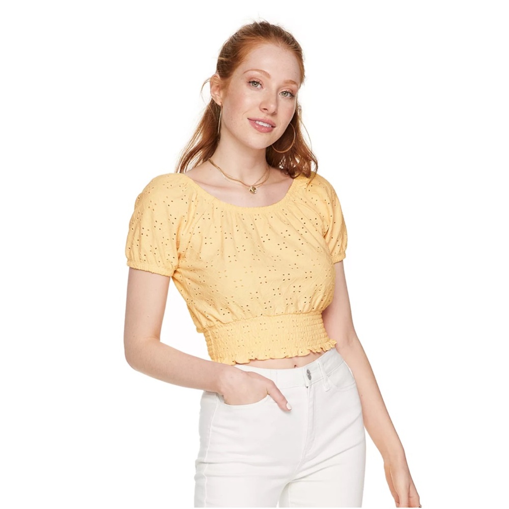 Juniors' SO® Smocked Bottom Eyelet Top